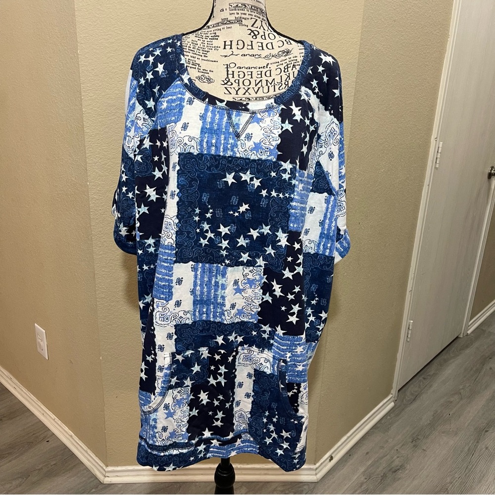 Woman Within Blue and White Star Dress
